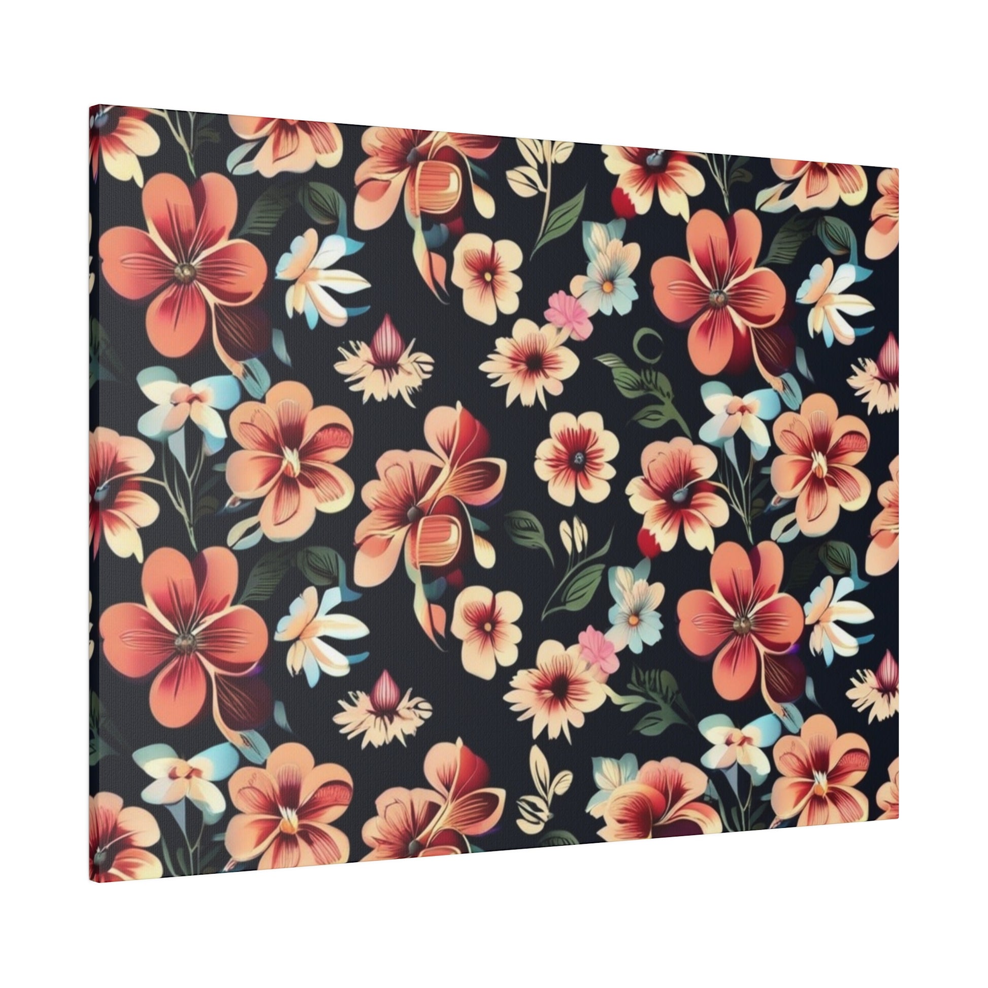 Rectangular canvas print with a dark navy background and pink, peach, and light blue tropical flowers and green leaves.