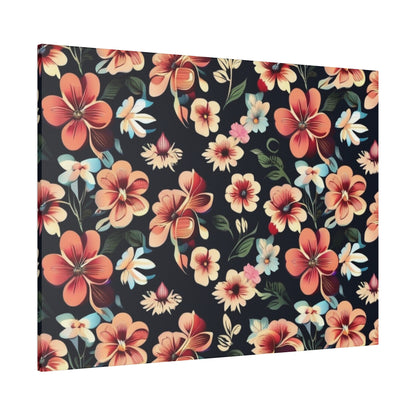 Rectangular canvas print with a dark navy background and pink, peach, and light blue tropical flowers and green leaves.