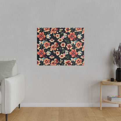 Canvas wall art with a dark background featuring red, orange, and cream flowers and green leaves.