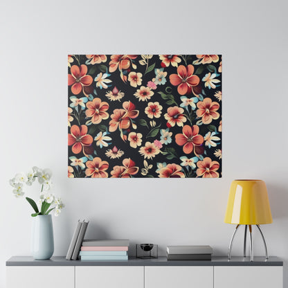 Square wall art with a dark navy background and pink, red, cream tropical flowers plus green leaves.