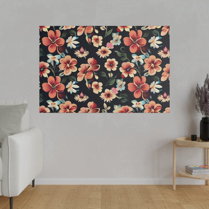 Wall art panel with a black background and bright red, pink, cream flowers and green leaves.