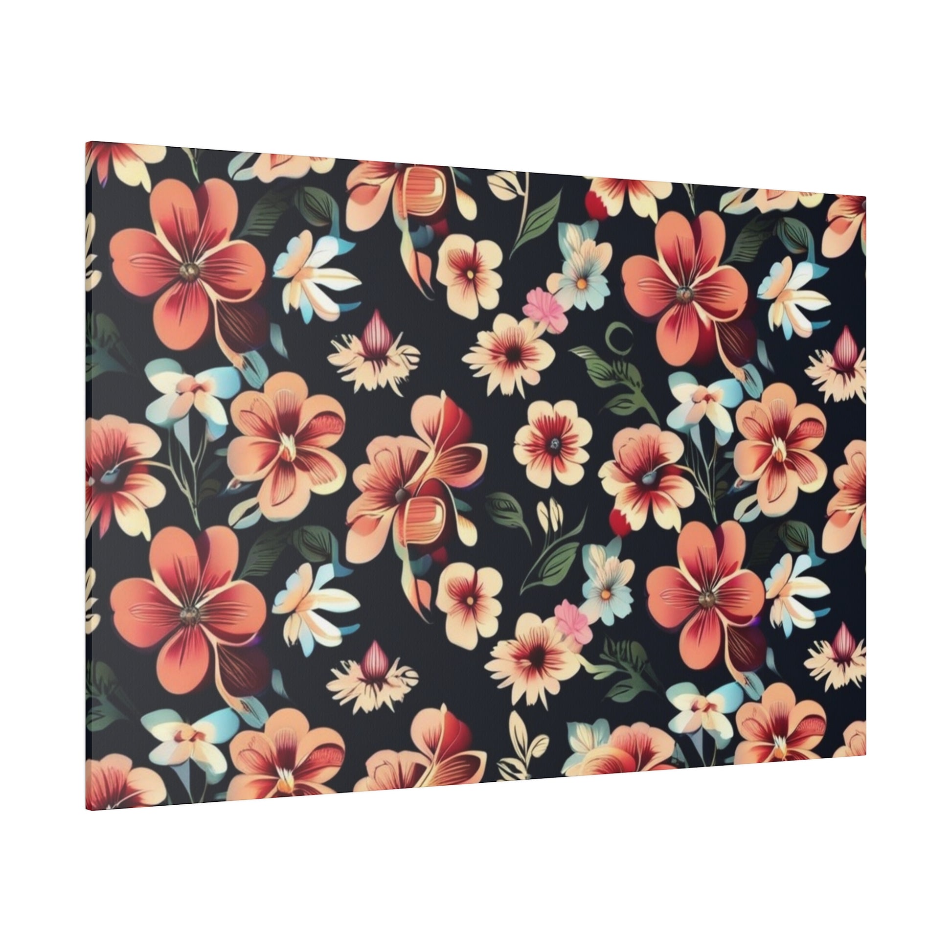 Rectangular canvas print with a dark navy background featuring a colorful tropical floral pattern in coral, peach, pink, and blue flowers.