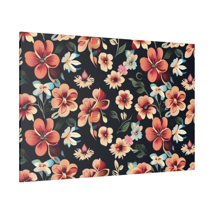 Rectangular canvas print with a dark navy background featuring a colorful tropical floral pattern in coral, peach, pink, and blue flowers.