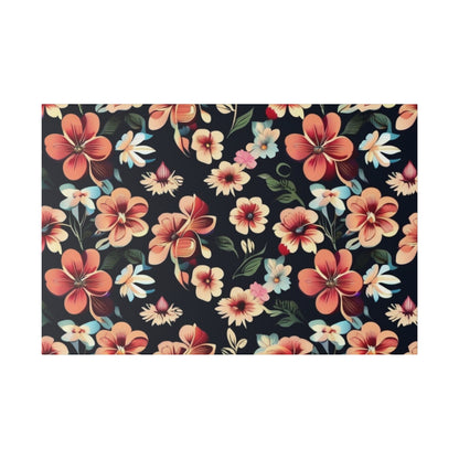 Dark navy fabric with a vibrant tropical floral print in coral, peach, cream, and teal.