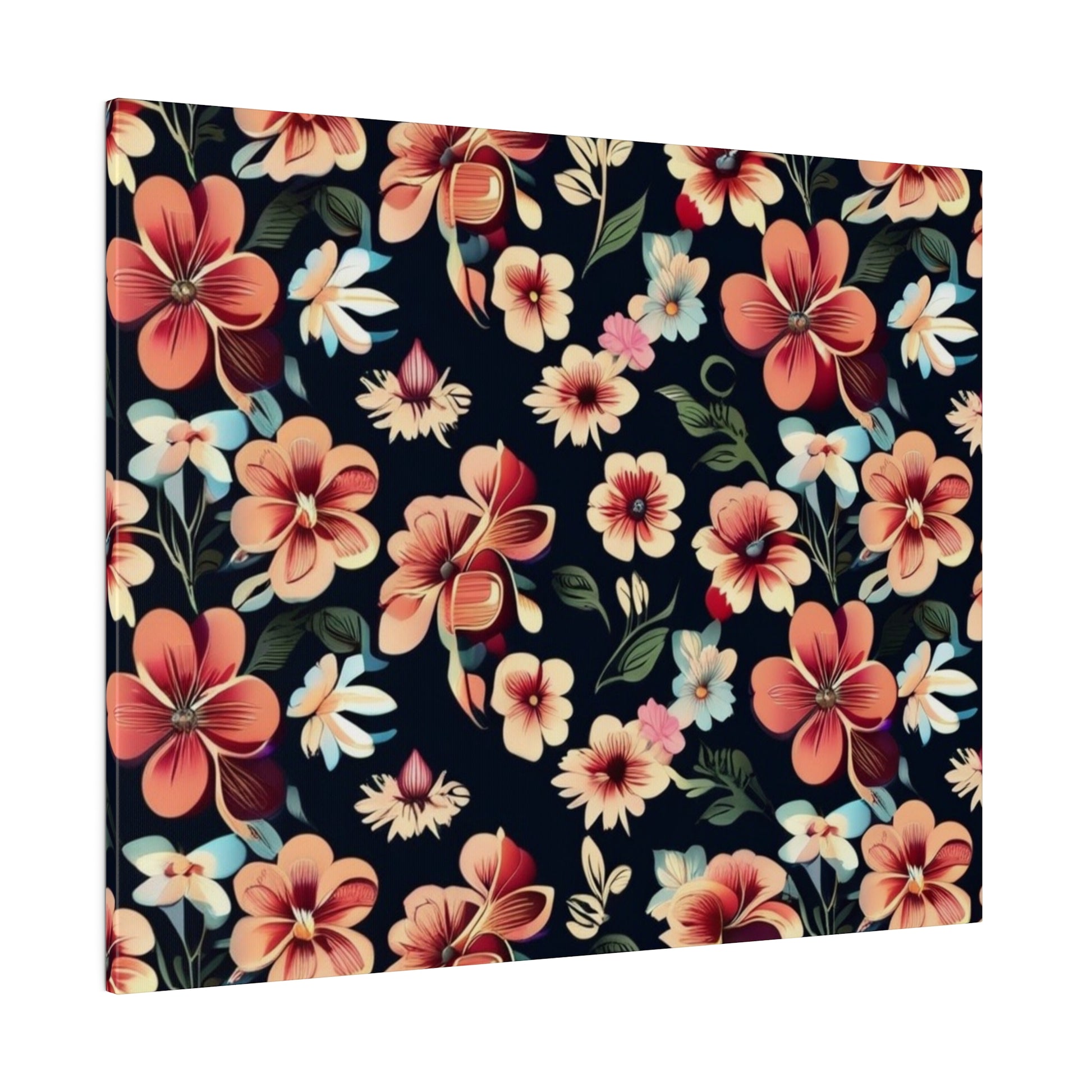 Square canvas print featuring a dark navy background with pink, peach, and light blue tropical flowers and green leaves.