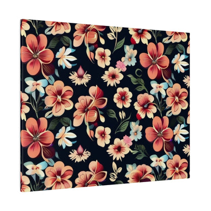 Square canvas print featuring a dark navy background with pink, peach, and light blue tropical flowers and green leaves.