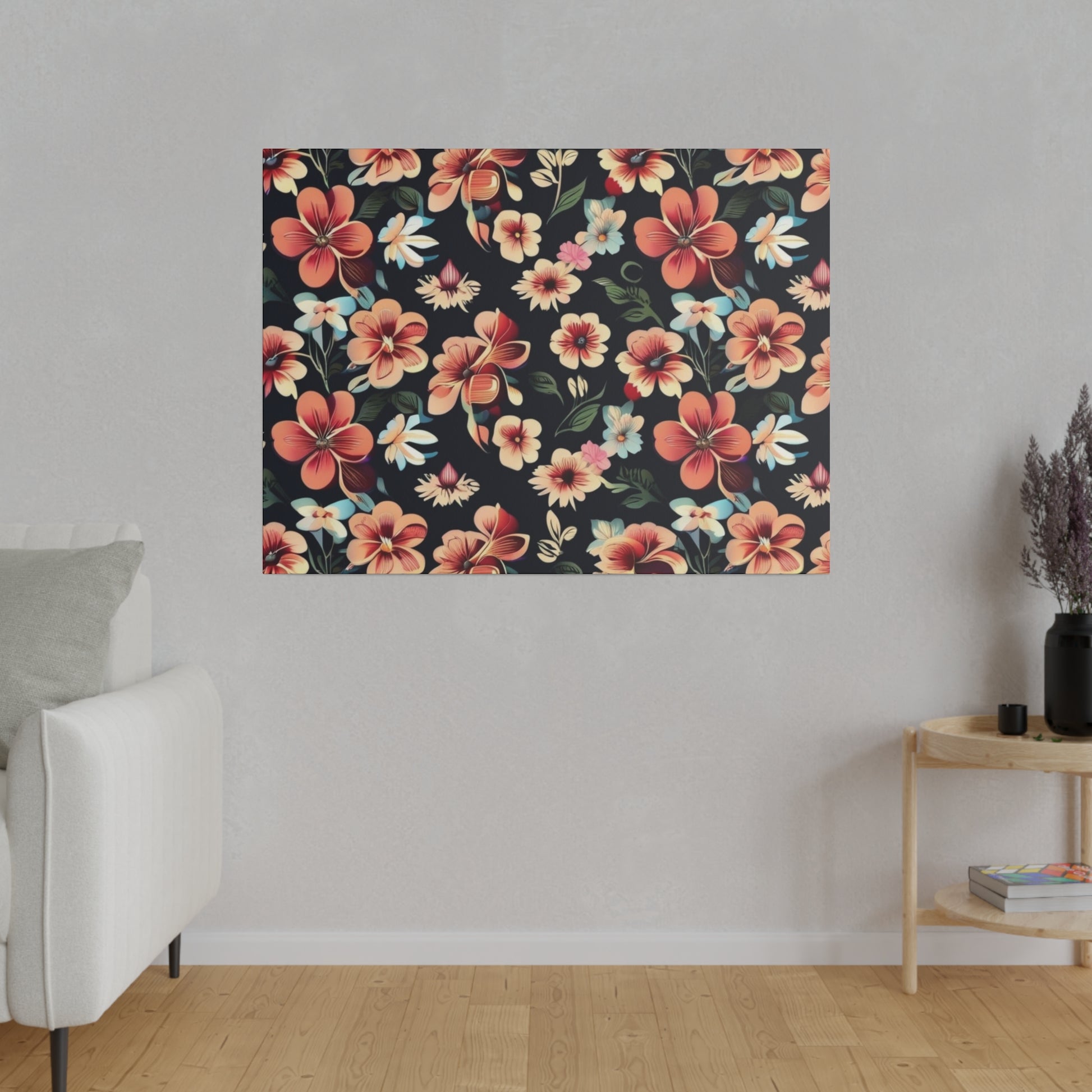 Rectangular wall art print on a light gray wall, showing a dark navy background with bright coral, peach, and cream tropical flowers and