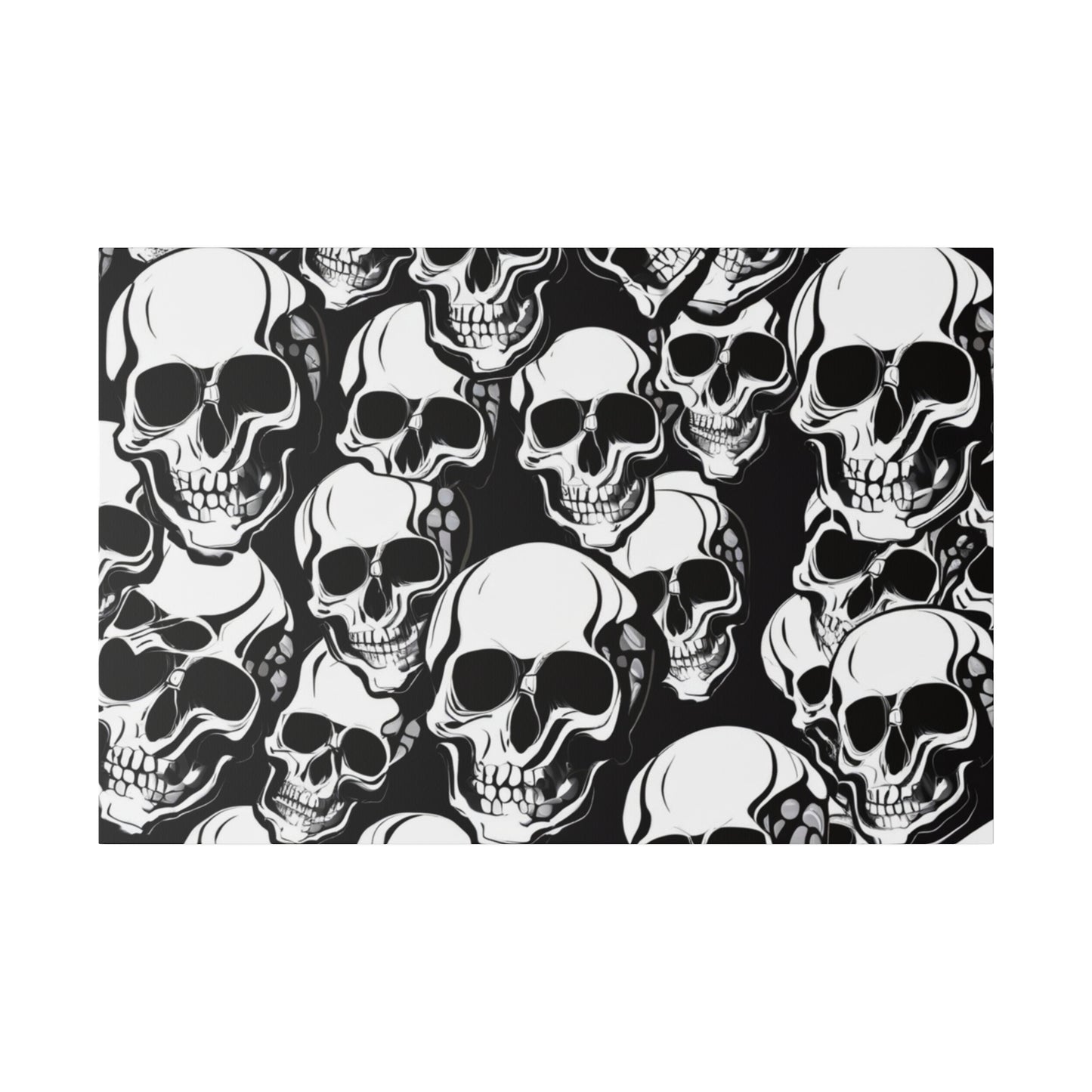 Rectangular fabric with a black background covered in a dense repeating pattern of white skulls.