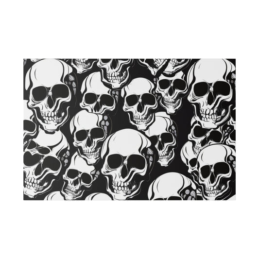 Rectangular fabric with a black background covered in a dense repeating pattern of white skulls.