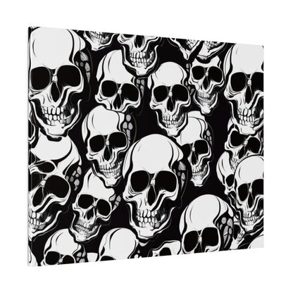 Canvas print featuring a dense pattern of white skulls with black shading on a black background.