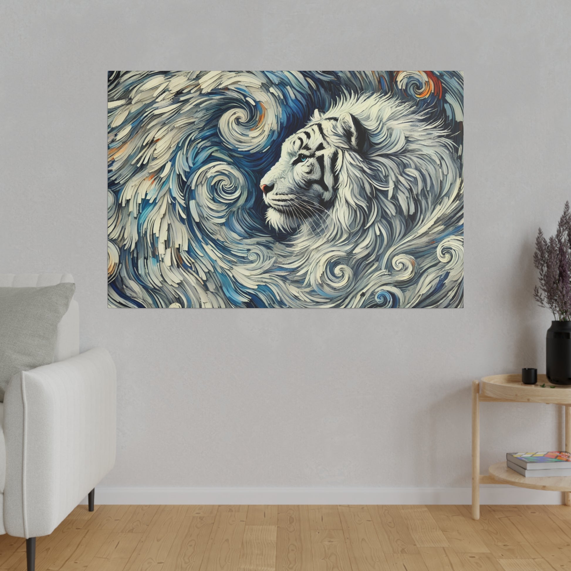 A canvas painting of a white tiger's head surrounded by blue swirling waves and curls.