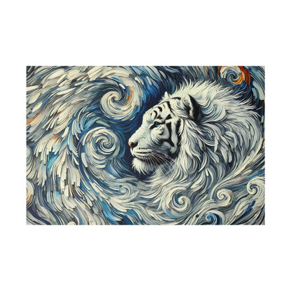 Painting of a white tiger with black stripes, set against swirling blue and white abstract waves.