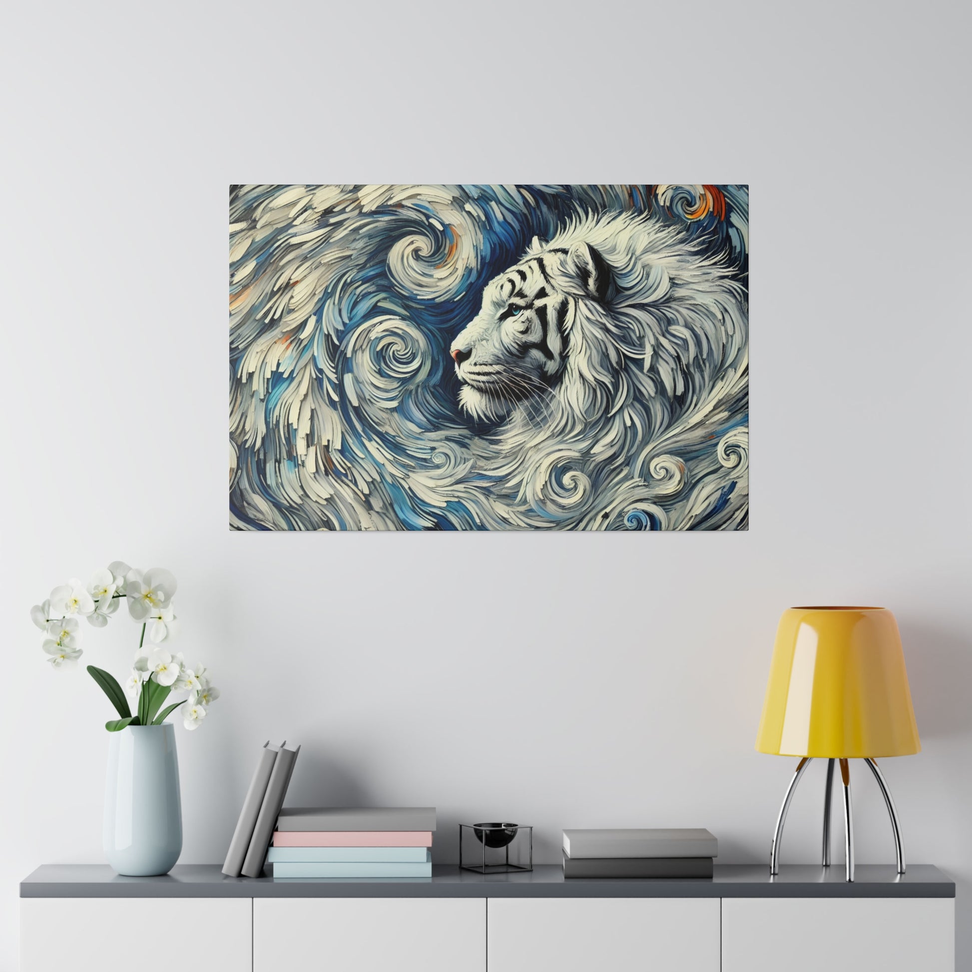 Painting of a white tiger's head surrounded by blue swirling waves and currents.