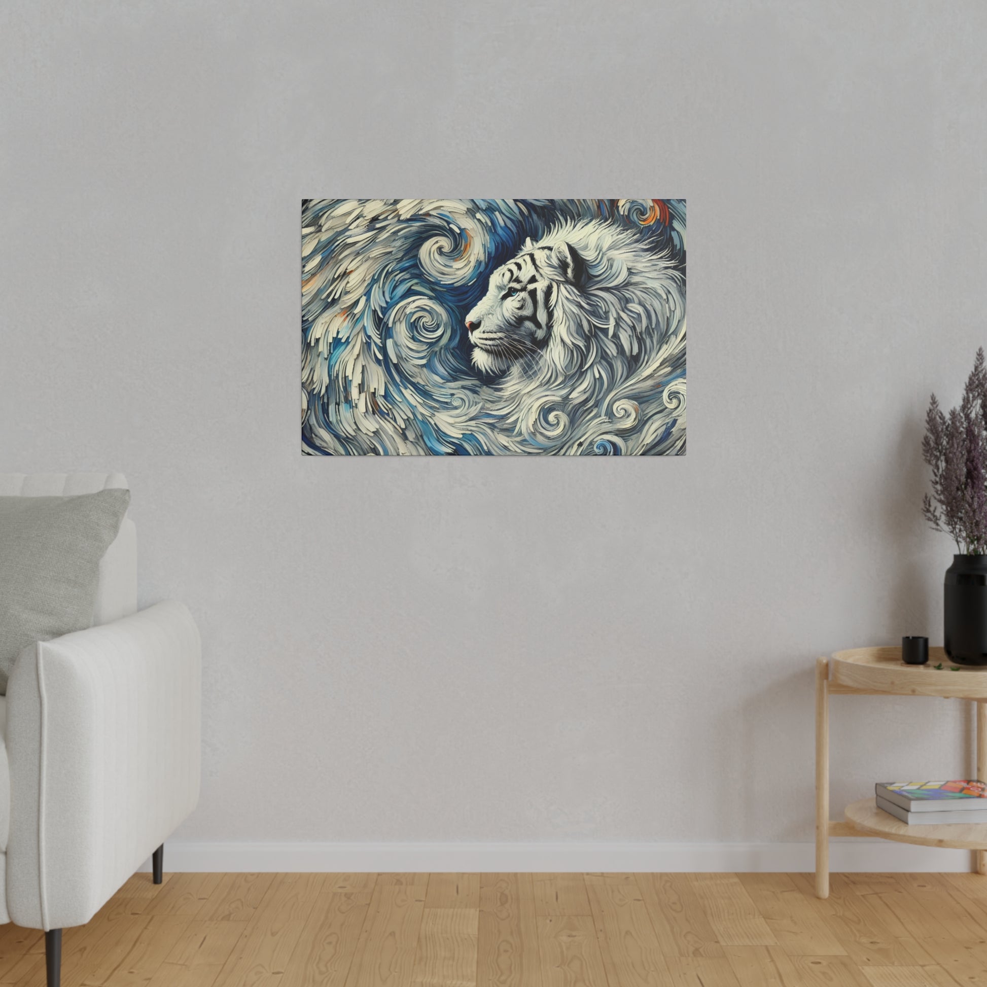 Framed painting of a white tiger with blue swirling waves on a light gray wall in a modern living room.