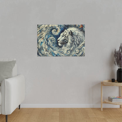 Framed painting of a white tiger with blue swirling waves on a light gray wall in a modern living room.