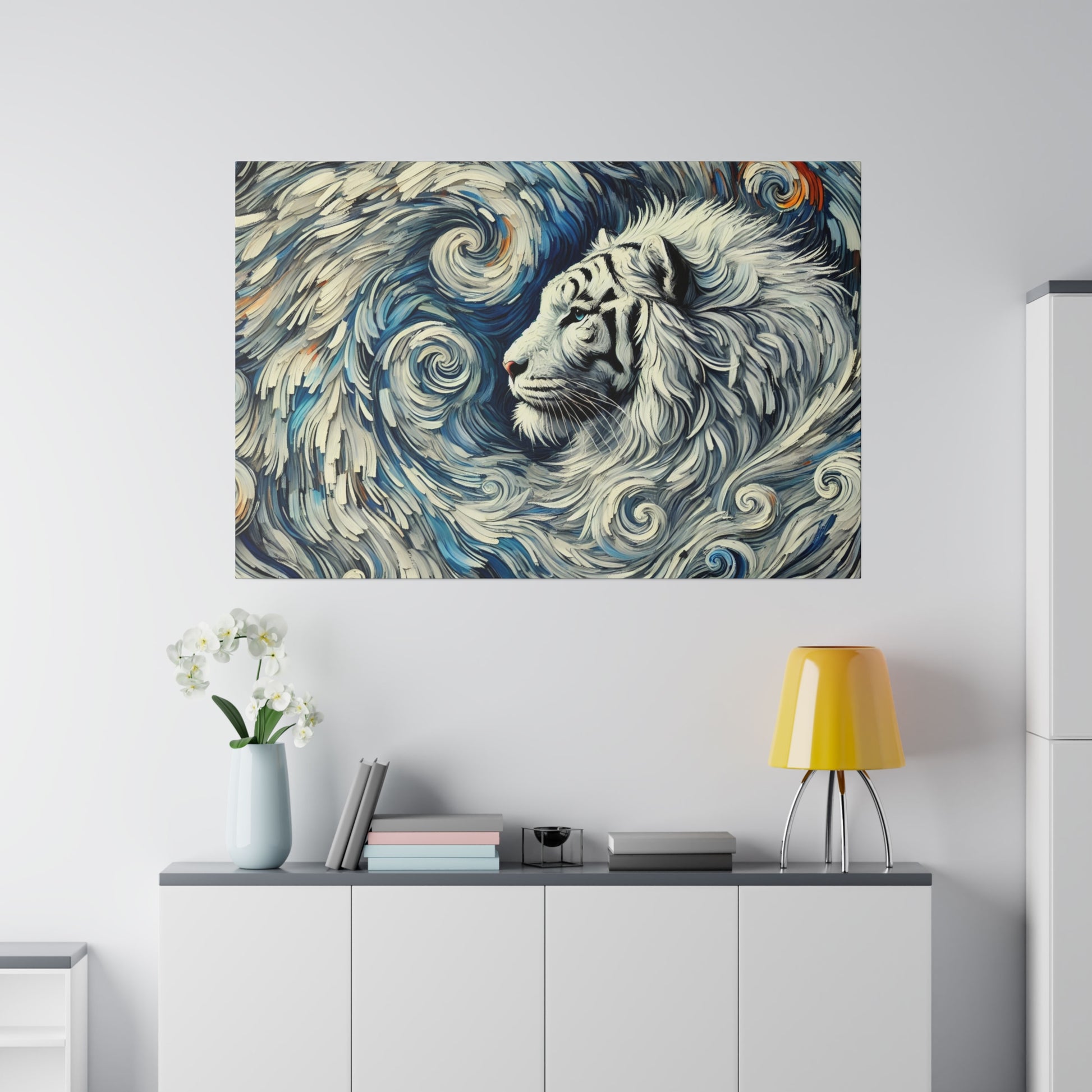 Wall art depicting a white tiger with swirling blue and gray strokes, mounted above a white console with a vase and yellow lamp.