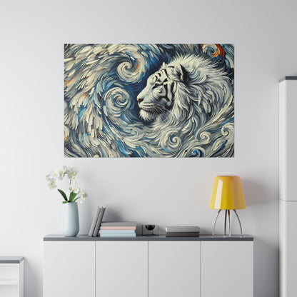Wall art depicting a white tiger with swirling blue and gray strokes, mounted above a white console with a vase and yellow lamp.