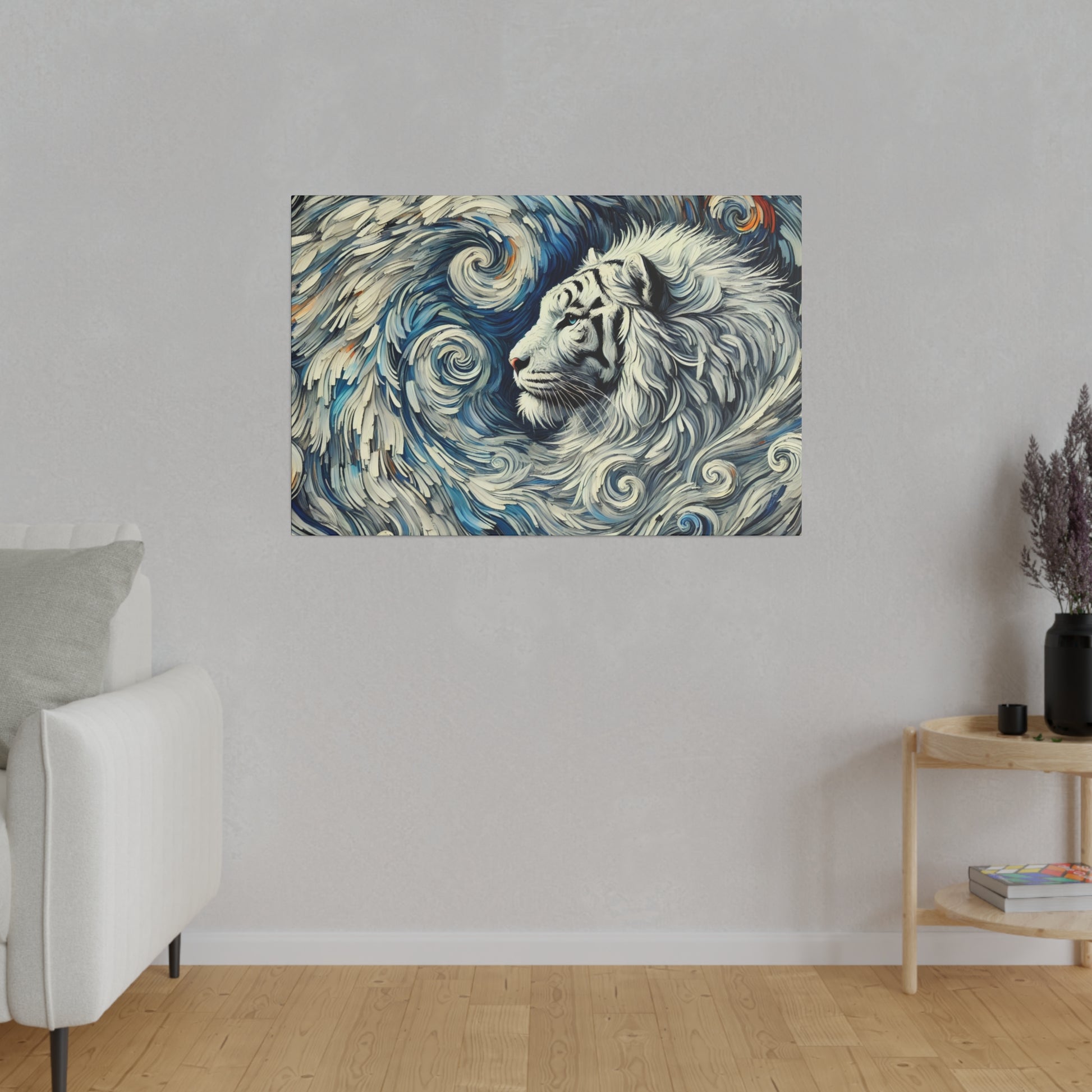Artwork of a white tiger head surrounded by swirling blue and white abstract waves on a wall.