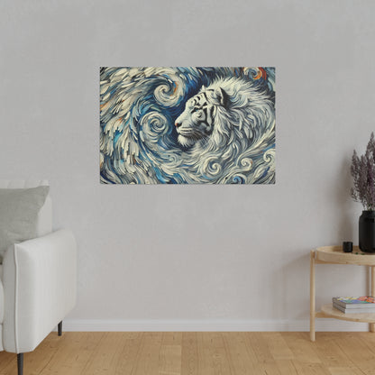 Artwork of a white tiger head surrounded by swirling blue and white abstract waves on a wall.