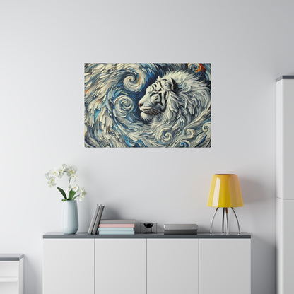 Painting of a white tiger with blue swirls on a white wall above a cabinet with a yellow lamp, books, and a vase of white orchids.