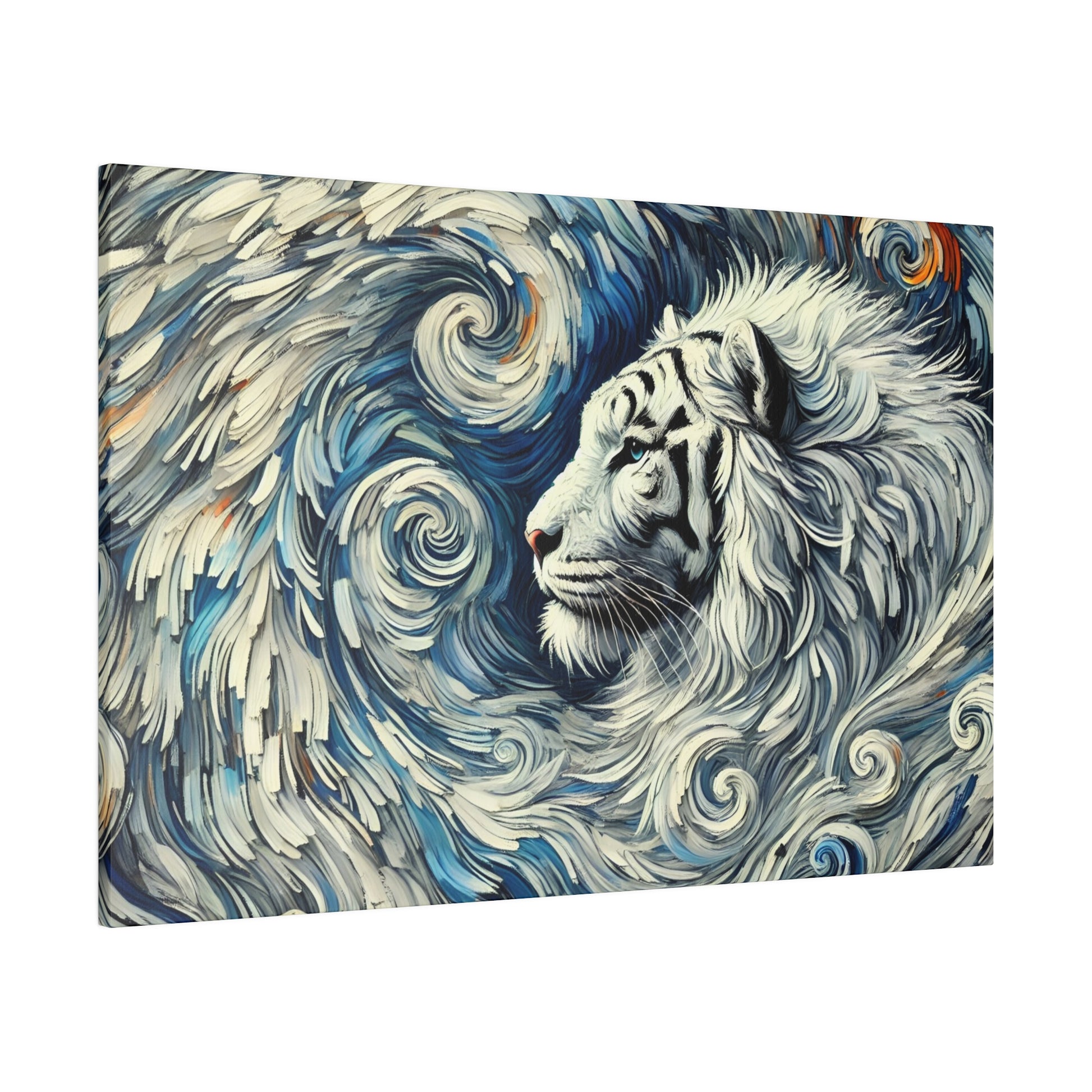 Wall art print of a white tiger with black stripes, set among blue and white swirling abstract waves.