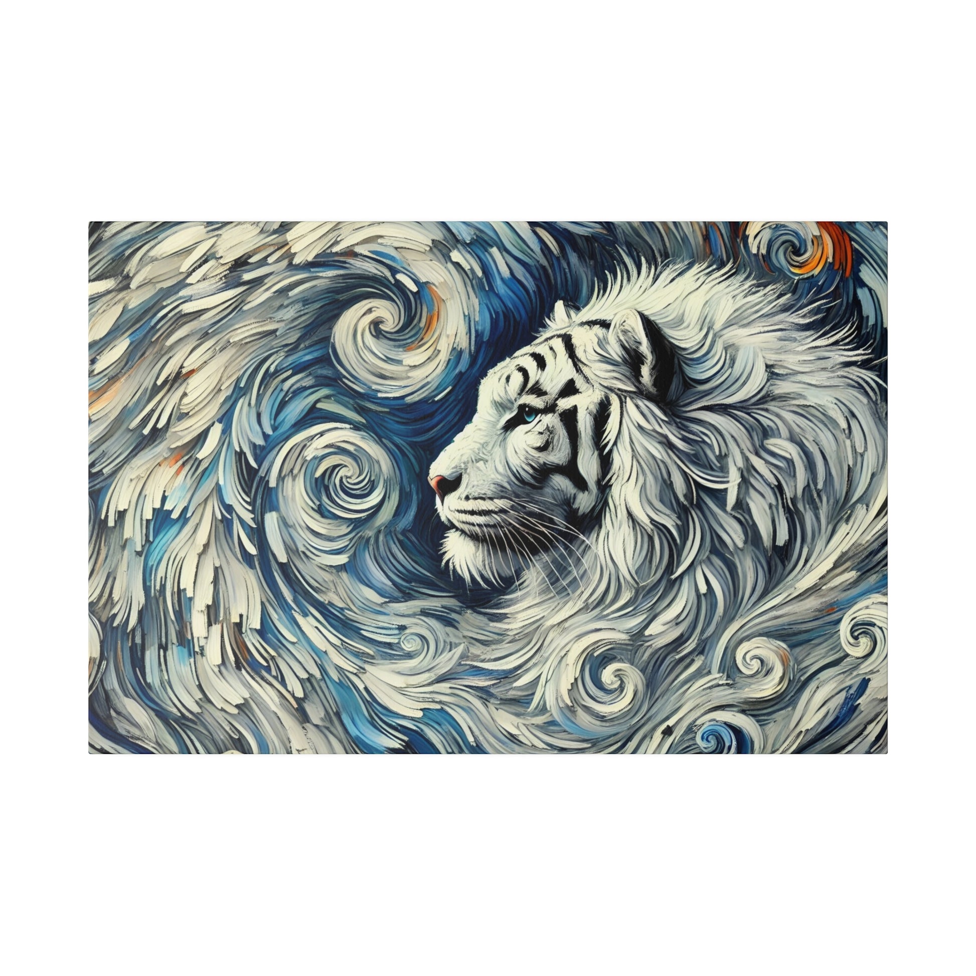 Abstract painting of a white tiger with black stripes, surrounded by swirling blue and white waves.