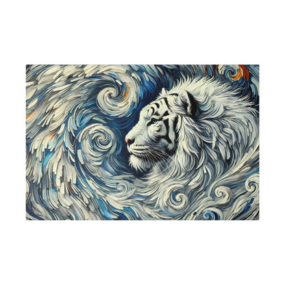 Abstract painting of a white tiger with black stripes, surrounded by swirling blue and white waves.