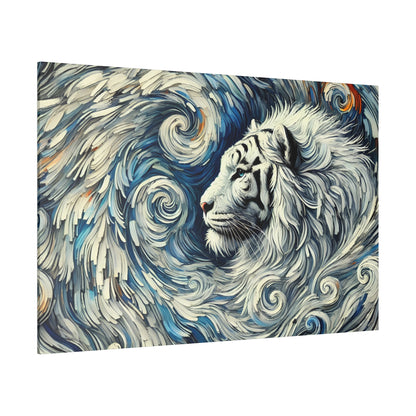 White tiger portrait with white fur and black stripes set against a blue swirling abstract background.
