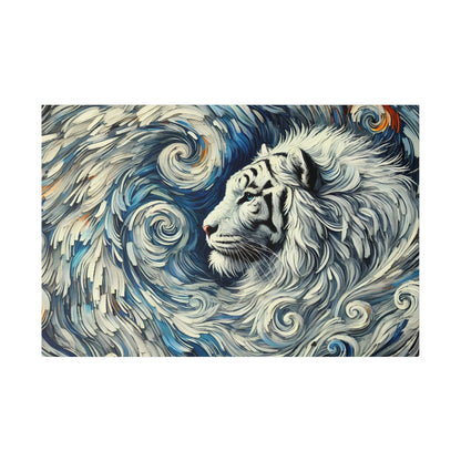 White tiger with black stripes in an abstract painting, surrounded by swirling blue and white waves.