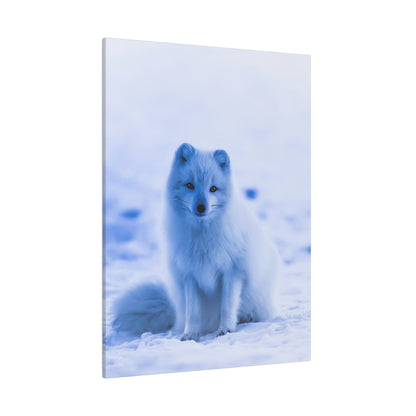 White Arctic fox sitting in a snowy landscape with soft blue lighting and a blurred, icy background.
