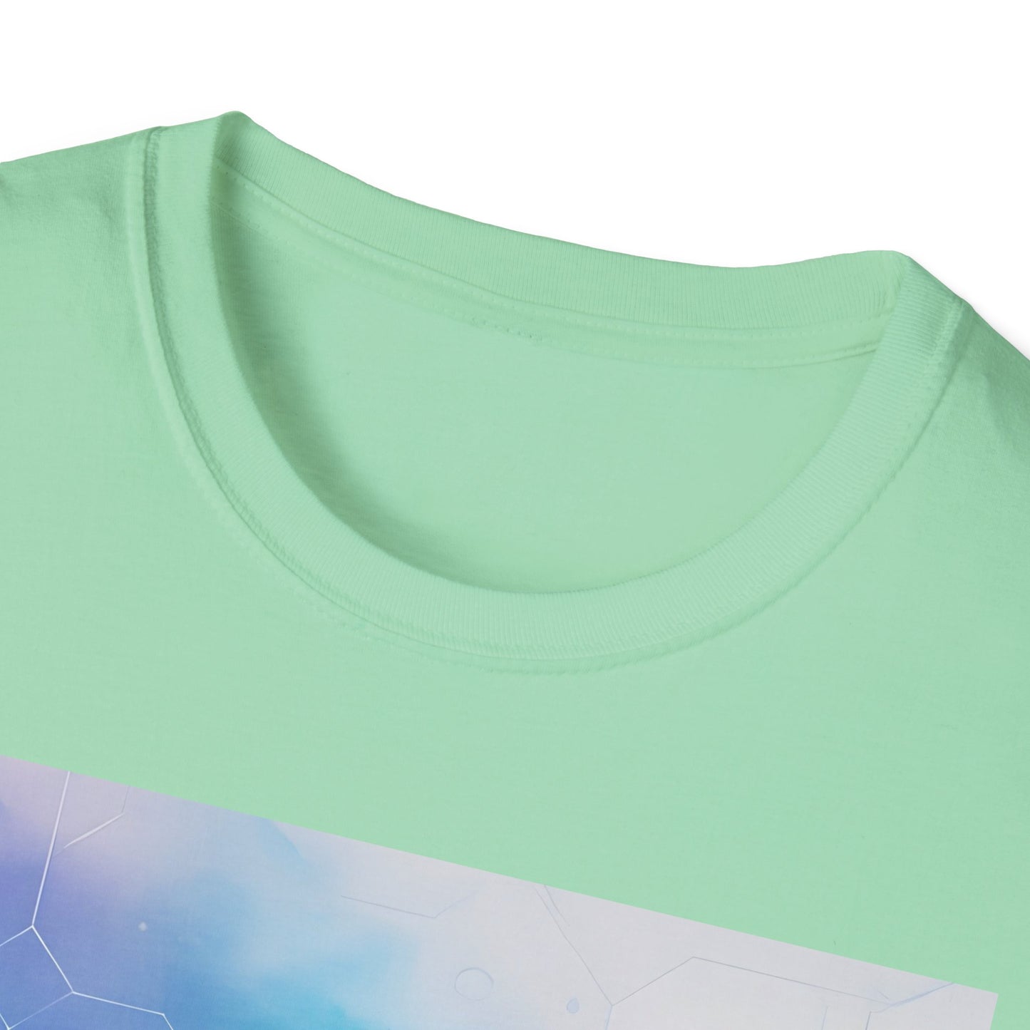 Mint green crewneck T-shirt with a partial blue geometric graphic visible at the bottom edge.