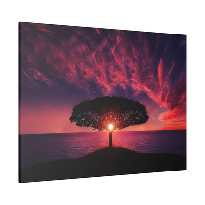 Silhouetted tree on a grassy hill overlooking a calm body of water at sunset with a red-purple sky.