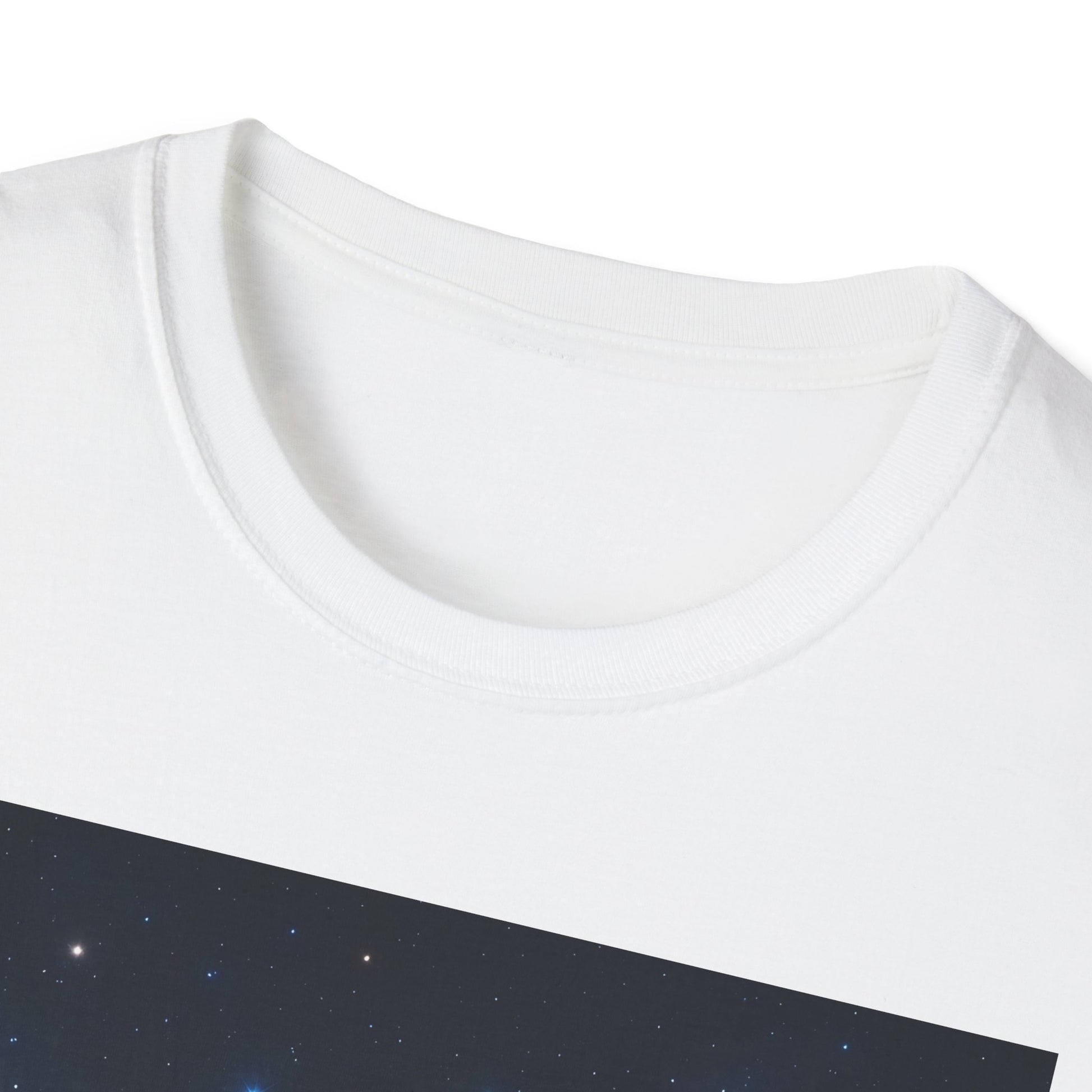 White crewneck T-shirt featuring a diagonal navy panel with a starry night sky print.