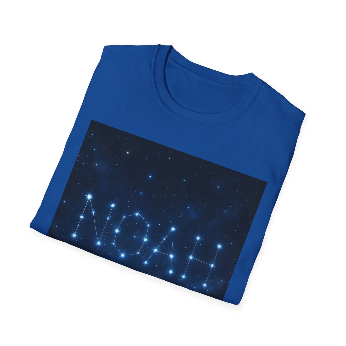 Blue T-shirt with a dark rectangular panel showing a star constellation outline spelling "WOMAN" in glowing blue stars.