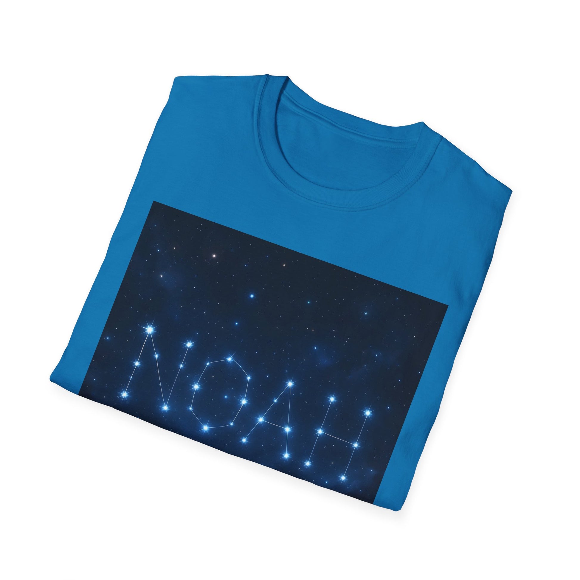 Blue short-sleeve T-shirt lying flat with a dark blue star constellation graphic across the front.