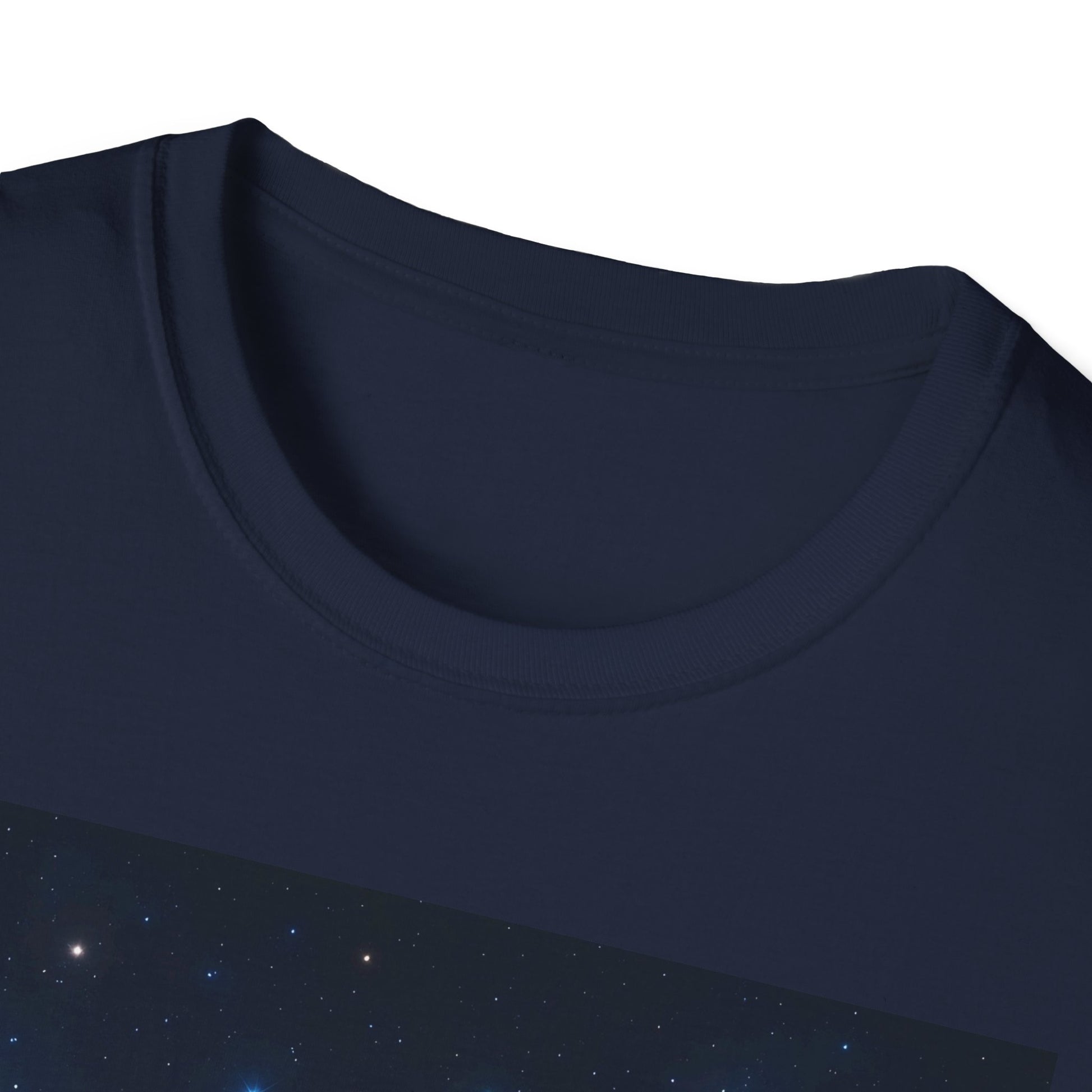 Close-up of a navy blue crew-neck T-shirt with a diagonal galaxy print along the lower portion.
