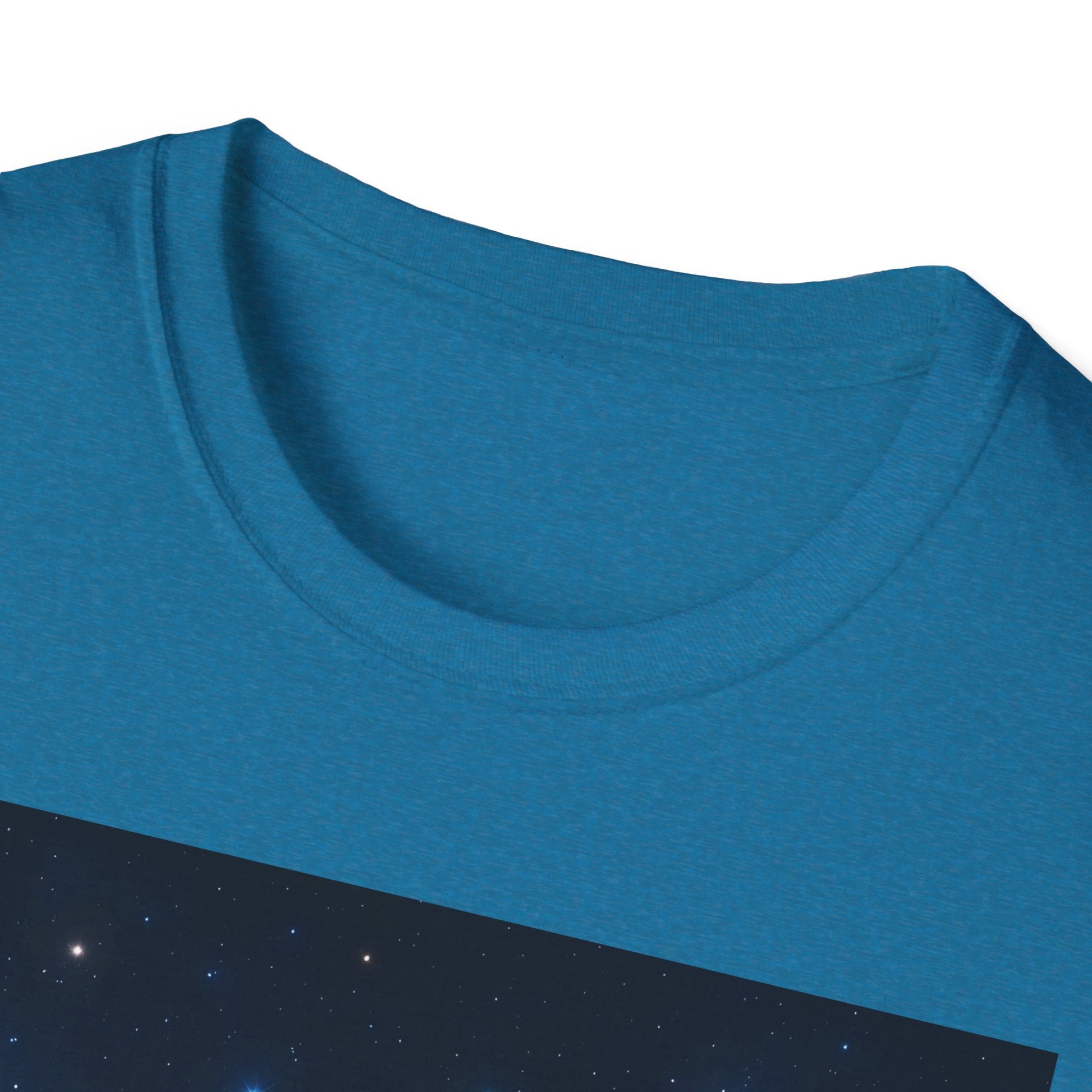 Close-up of a blue crew-neck T-shirt showing the rounded neckline and smooth fabric.
