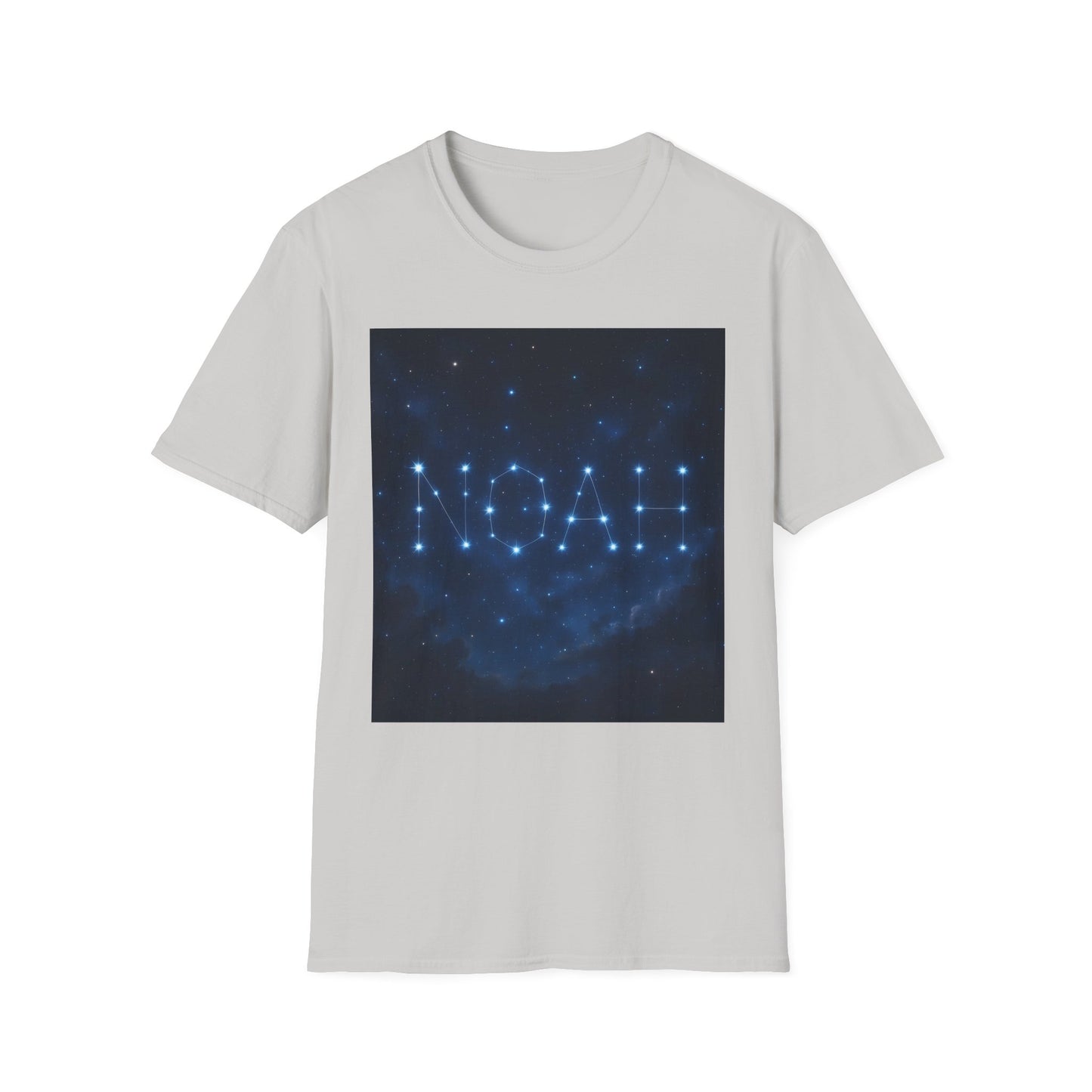 White short-sleeve T-shirt featuring a blue square graphic of a starry night sky forming the word NOAH.