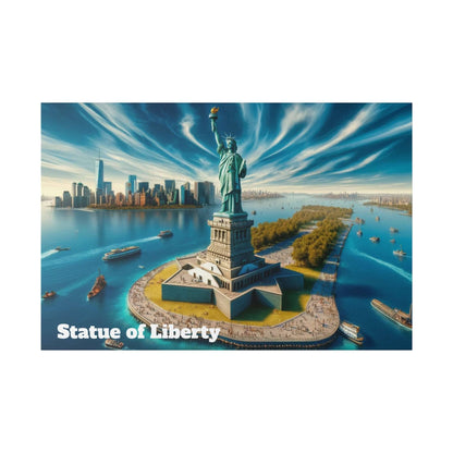Aerial view of the Statue of Liberty on Liberty Island with the Manhattan skyline in the background.