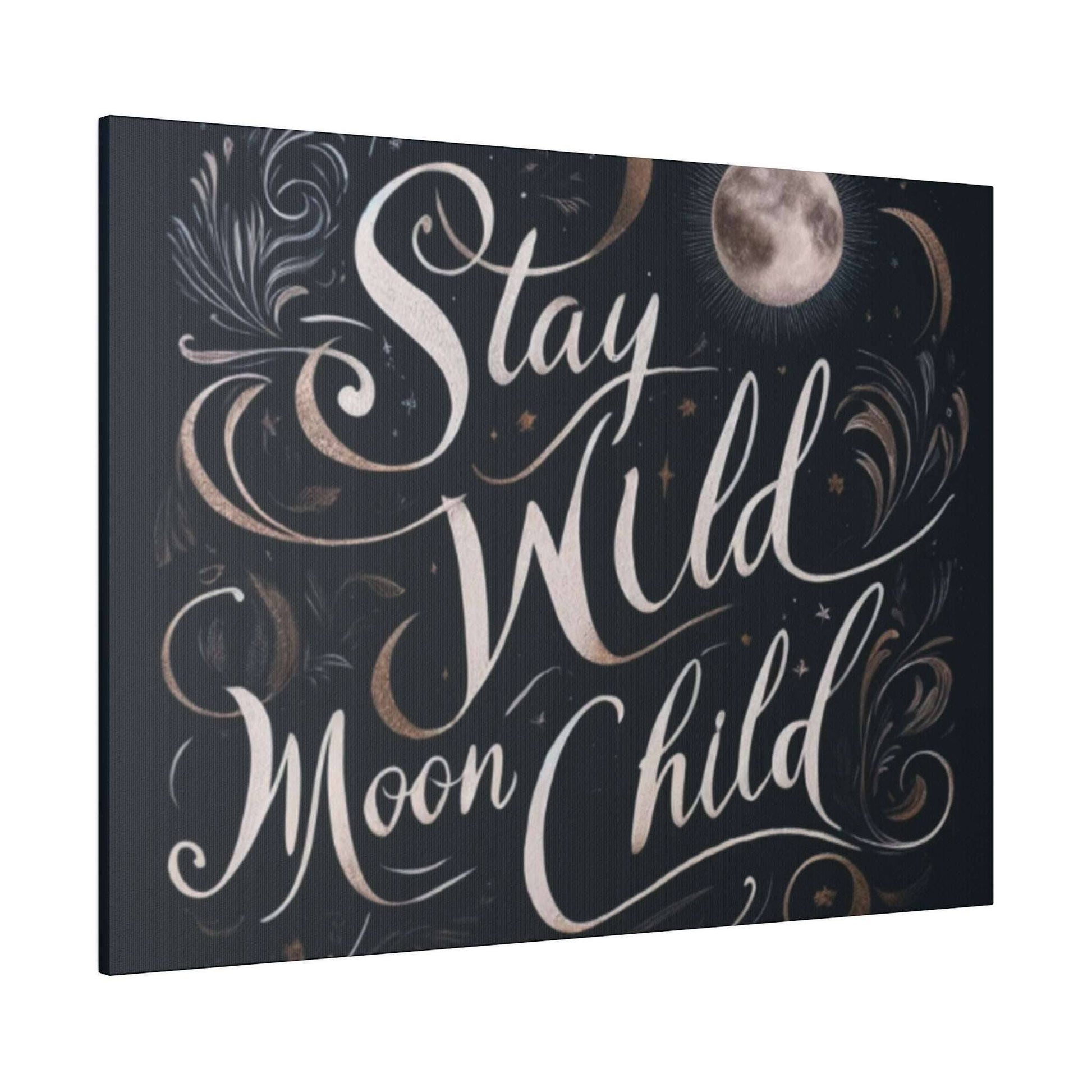 Dark blue canvas print with pink cursive text “Stay Wild Moon Child” and decorative moon and swirls.