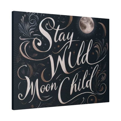 Dark blue canvas art with pink cursive lettering that reads 'Stay Wild Moon Child' and decorative moon motifs.