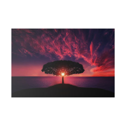 Silhouetted lone tree on a small hill by the sea at sunset, with the sun centered behind the tree.