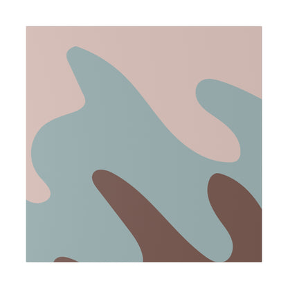 Abstract wall art featuring a pink background with blue and brown organic shapes.
