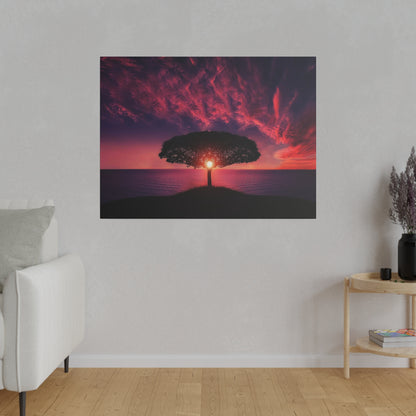 Canvas print of a lone tree on a small hill by the sea at sunset, with a red-purple sky and dark water.