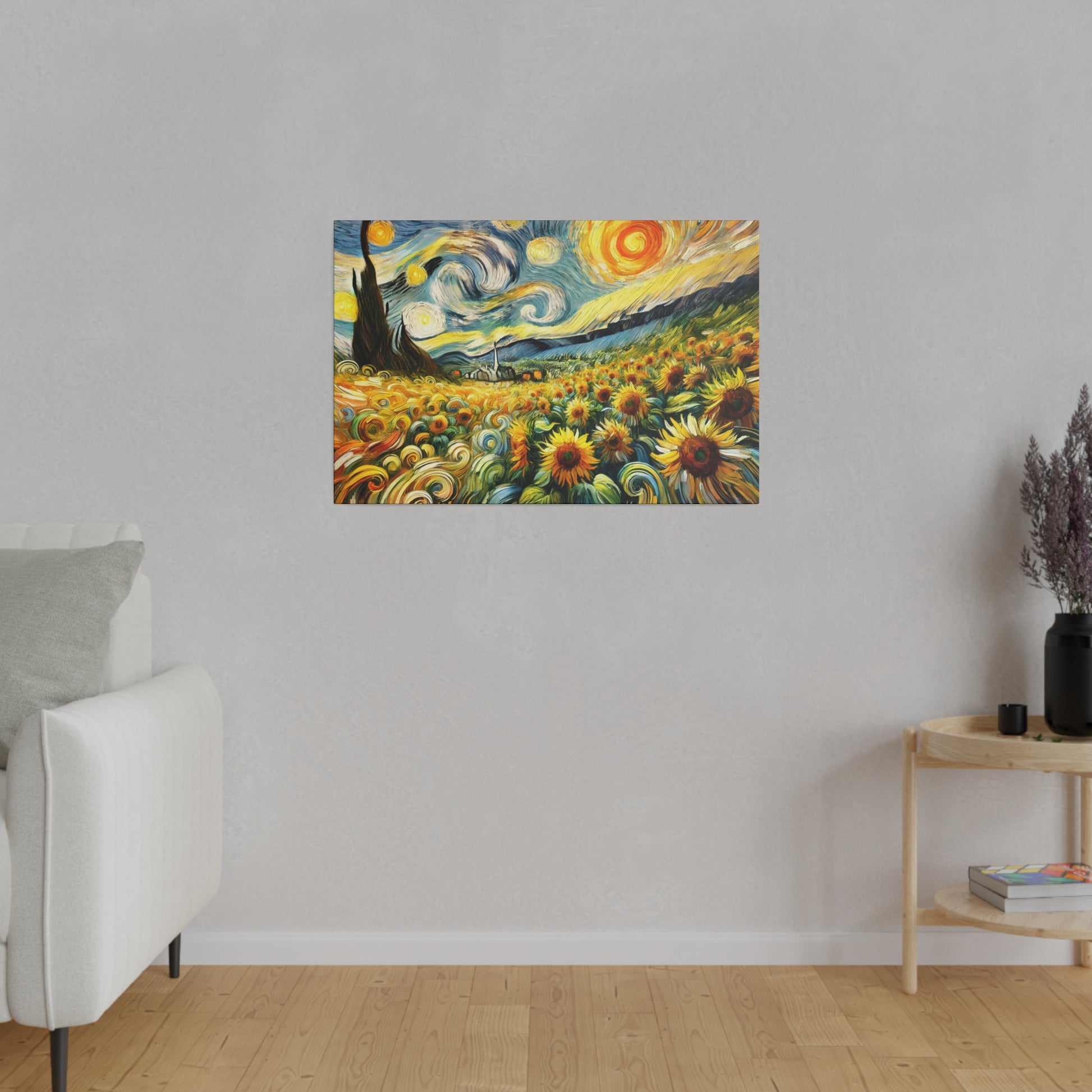 Colorful canvas painting of a sunflower field with a swirling blue and yellow sky, hung on a light gray wall.