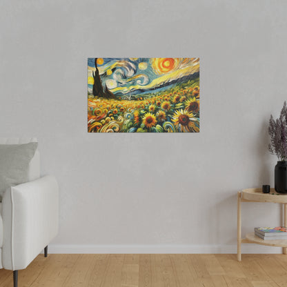 Colorful canvas painting of a sunflower field with a swirling blue and yellow sky, hung on a light gray wall.