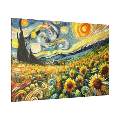 Vibrant painting of a sunflower field with a swirling blue sky, yellow suns, distant hills, and a small village.