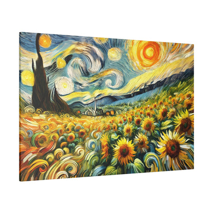 Oil painting of a sunflowers field with a swirling blue sky, bright yellow suns, and a distant village.