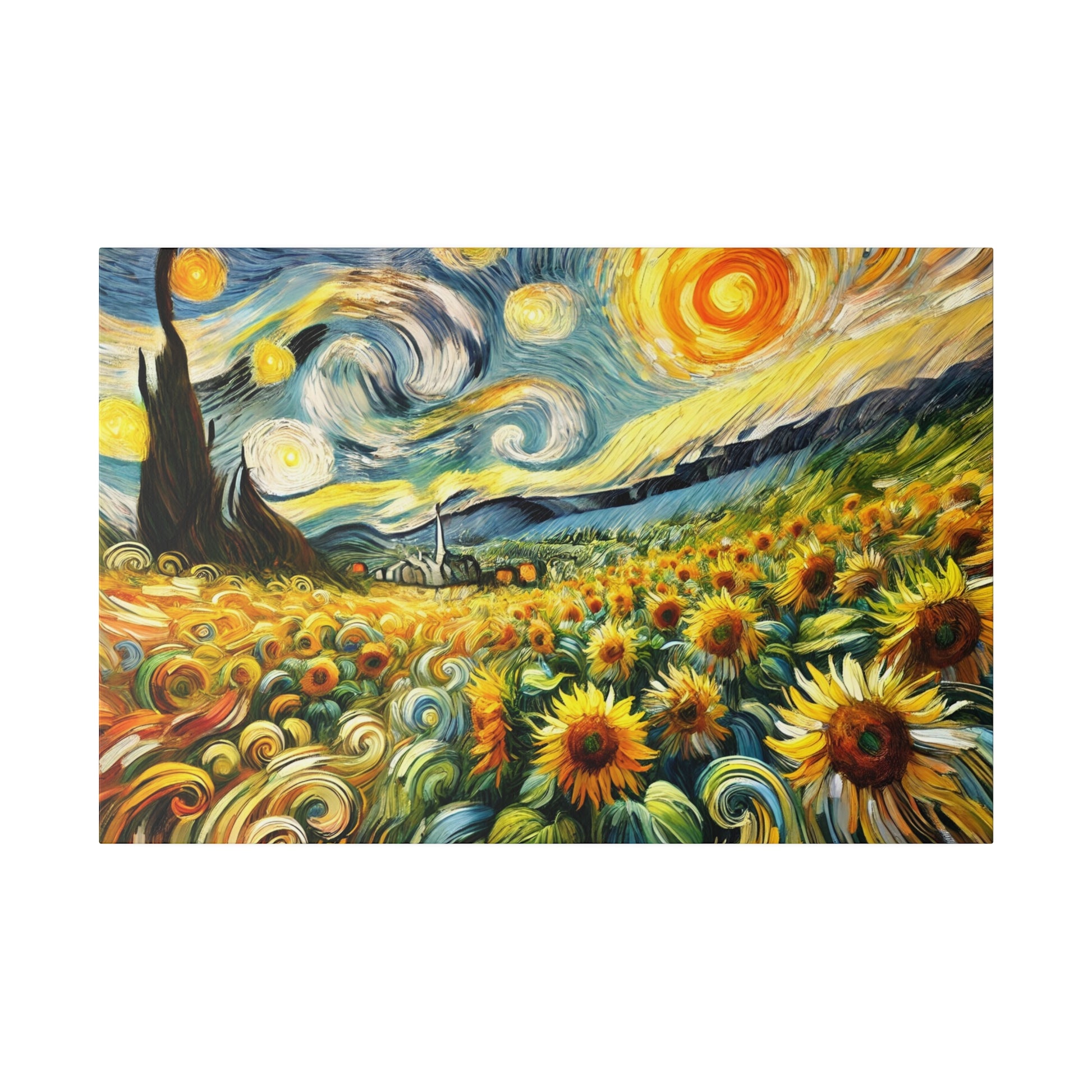 A colorful painting of a sunflower field with bright yellow blooms in the foreground, a swirled yellow and blue sky, and a dark cypress