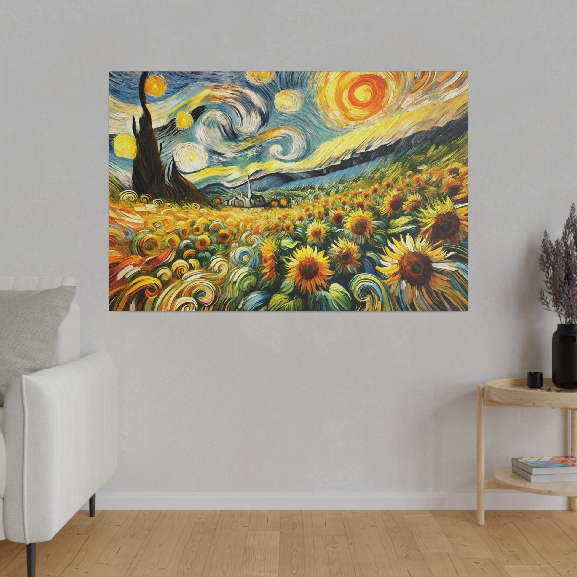 Colorful painting of a sunflower field under a swirling blue and yellow sky, with sunflowers in the foreground.
